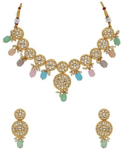 CNB29910 Gold Finish Kundan Necklace Set, Occasion : Party