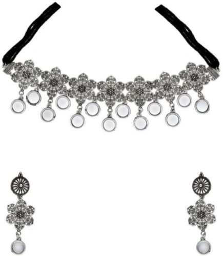 CNB31404 Silver Finish Oxidised Choker Necklace Set