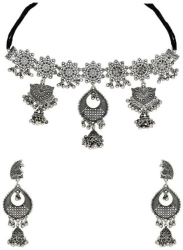 CNB31417 Silver Finish Oxidised Necklace Set, Packaging Type : Velvet Box