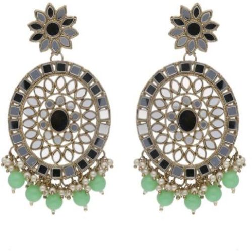 CNB17651 Mehendi Finish Mirror Long Earrings, Style : Antique