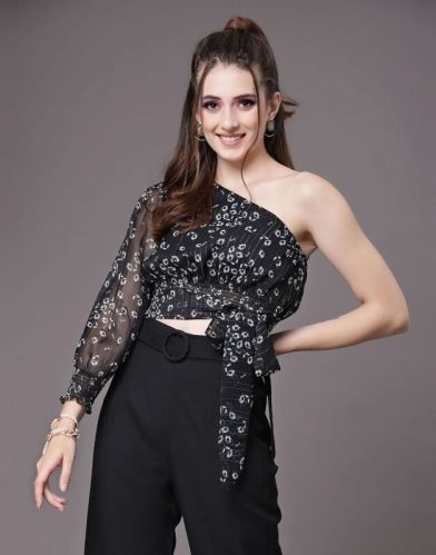 Chiffon One Shoulder Crop Top, Color : Black