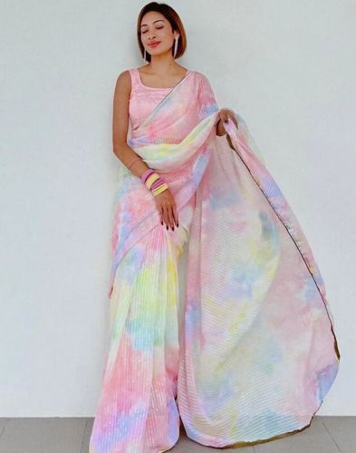 Georgette Slik Multicoloured Sequence Pre-draped Saree, Saree Length : 5.30 Mtr