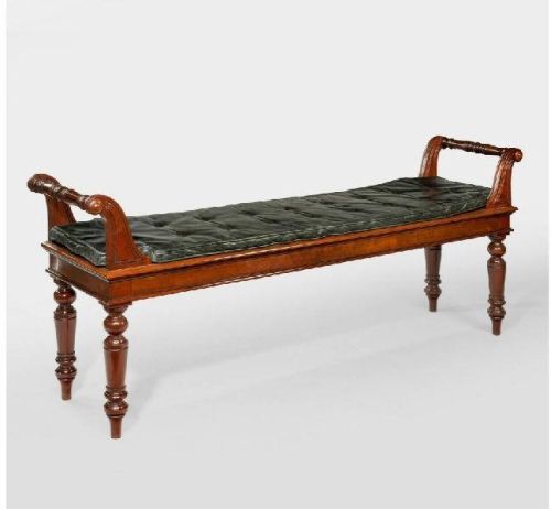 Solid Wood With Dark Polish Green Cushion Carved Armrest Bench