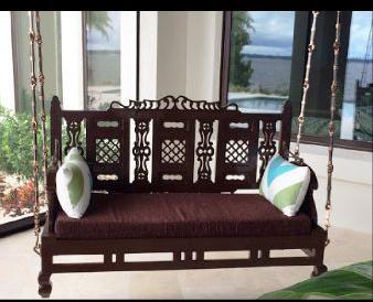 Polished Wood Tone Carved Back Rope Hung Indoor Swing, Color : Brown