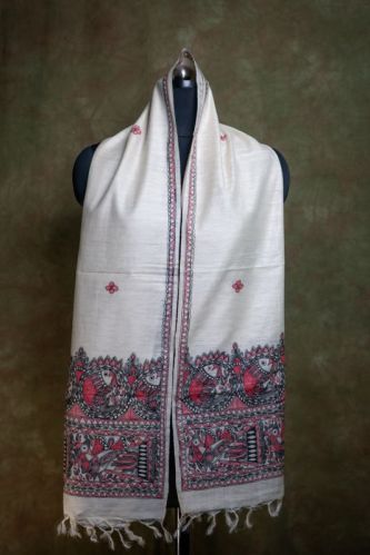 Madhubani Painted Muga Silk Stole, Technics : Attractive Pattern