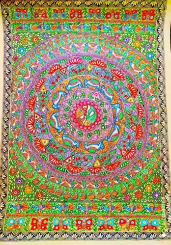 Polished Printed Madhubani Godna Painting, For Wall Decoration, Home Decoration, Lobby Areas Office Decoration