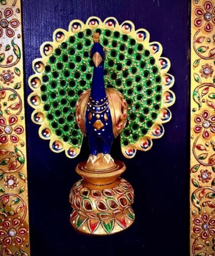 Multicolor Polished Wooden Jali Dancing Peacock, For Interior Decor, Pattern : Carved