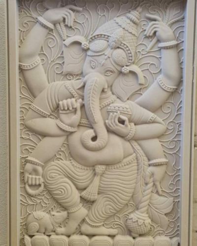 Csc White Rectangular Antique Ganpati Stone Mural, For Walls Pasting, Pattern : Carving