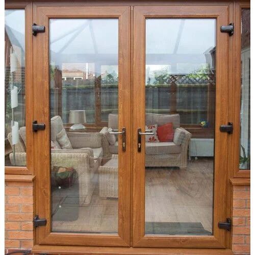 Hinged Solid Wood UPVC French Door, Frame Color : Brown