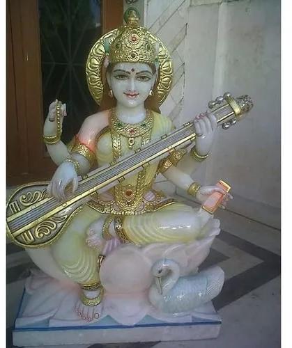 Multi Color 3 Feet Marble Saraswati Mata Statue, For Worship, Position : Sitting