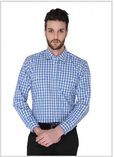 Checks 100% Cotton Men Shirt, Color : Blue