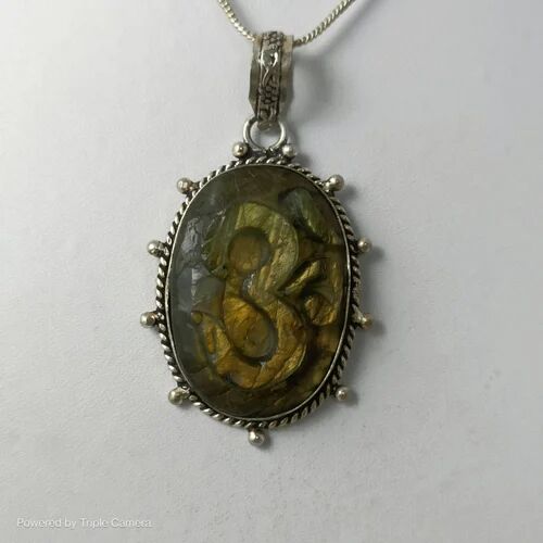 Brown Gemstone Labradorite Om Carvings Pendant, Size : 3 Cm