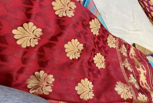 Khadhail Banarase Printed Unstitched Mulberry Dupion Silk Saree, Color : Red