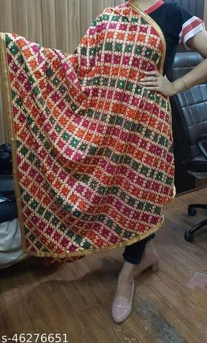 Embroidery Phulkari Designer Dupatta, Work : Mirror Work