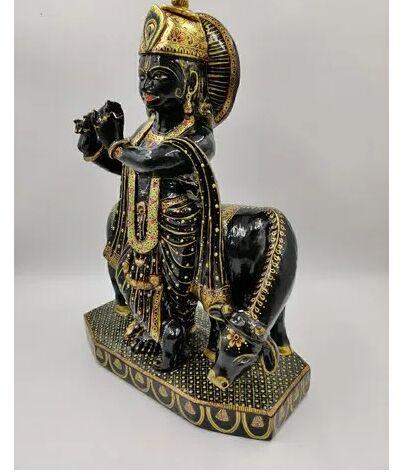 Black Woth Gold Painted Gemstone Krishna Statue, For Interior Decor