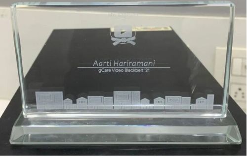 Polished Aadya Crystal Engraved Glass Trophy, Shape : Rectangular