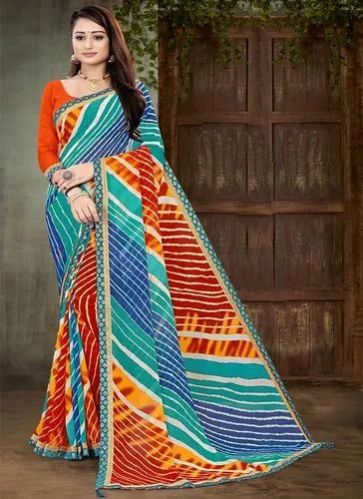 Georgette Printed Leheriya Saree, For Easy Wash, Anti-wrinkle, Shrink-resistant, Saree Length : 6.5 Meter