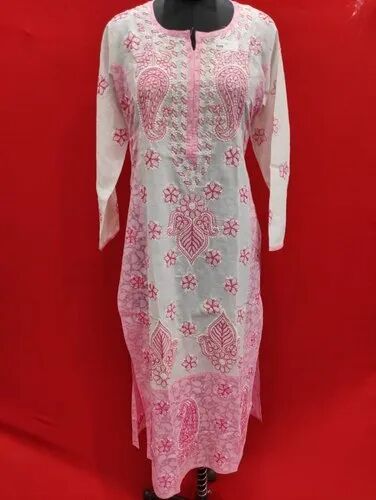 Lcf Embroidered Cotton Long Kurti, Size : All Sizes