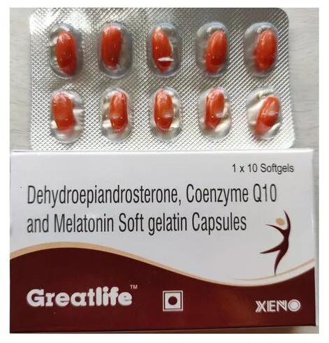 Greatlife Soft Gelatin Capsules, Composition : Coenzyme Q10 100 Mg, Dehydroepiandrosterone 75 Mg, Melatonin 3 Mg