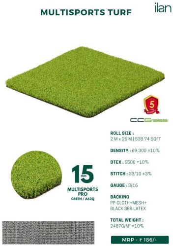15 Mm Multisport Pro Artificial Turf, Length : 0-25 Mtr
