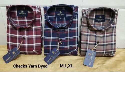 Collar Neck Mens Check Shirts, Size : L-42, XL-44, M-42