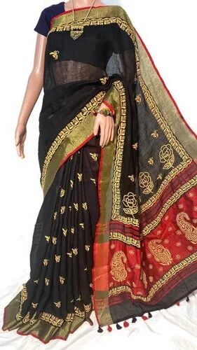 Silk CHIKEN KARI Pure Linen Saree, Occasion : Party Wear