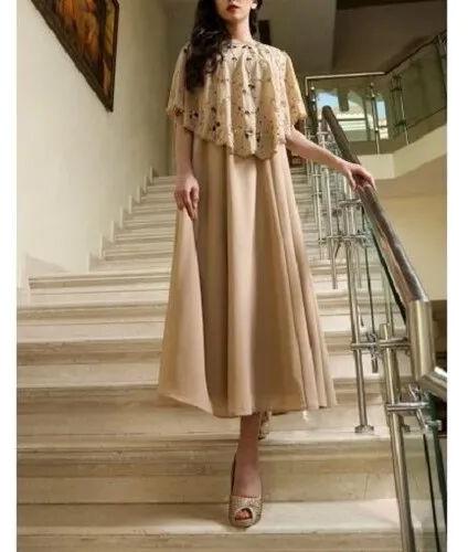 Polyester Beige Embroidered Designer Dress, Occasion : Party Wear