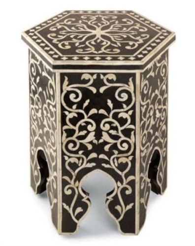 Hexagon Shape Floral Design Bone Inlay Stool From Tradnary