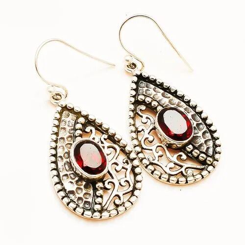 Sterling Silver Garnet Earring, Gender : Women