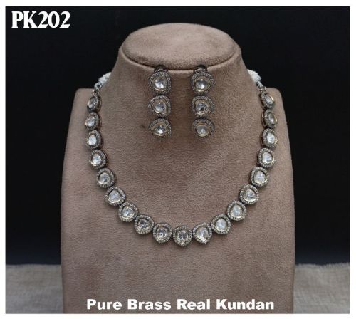 Pure Brass Single Line Real Kundan Necklace With Earrings