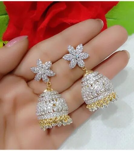 Rhinestone Jhumka Earrings, Color : Silver Golden