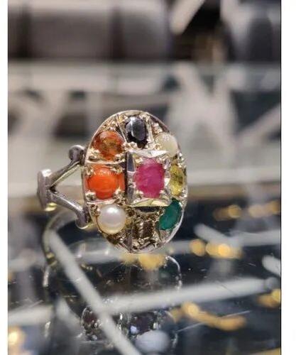Gemstone Silver Round Navratna Ring, Color : Silver(Base)