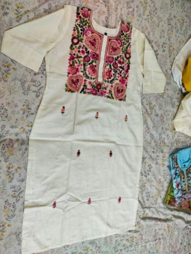 White Cotton Embroidered Kurti, Style : Regular