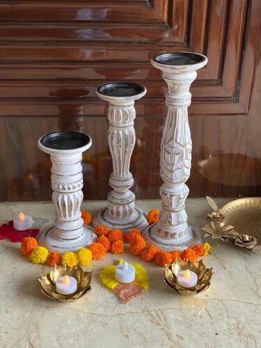 Cylindrical Mangowood Wood Pillar Candle Holders, Color : White Antique