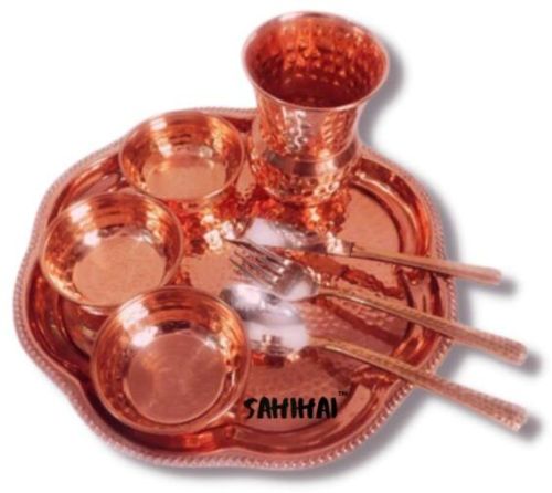 Hammered SS Pure Copper 3 Bowls 1 Tumbler Glass Serving Thali Set