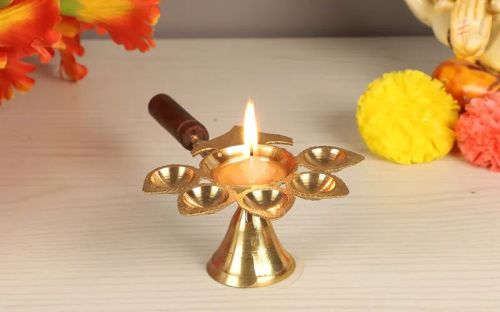 Brass Panch Aarti With Wooden Handle, Color : Gold