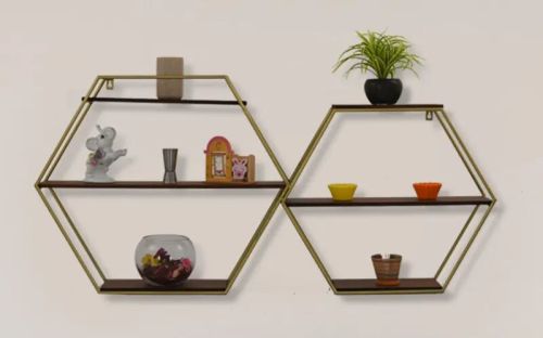 Royaloak Wrought Iron Metal Hexagon Wall Shelf, Color : Gold