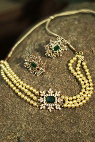Zircon Stone With Pearl Gold Plated Necklace Set