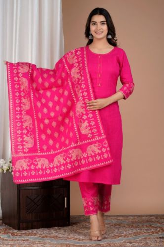 Elephant Print Cotton Kurti Pant and Dupatta Set