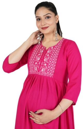Rayon Embroidery Pink Embroidered Maternity Kurti, Size : S, L, XL, XXL