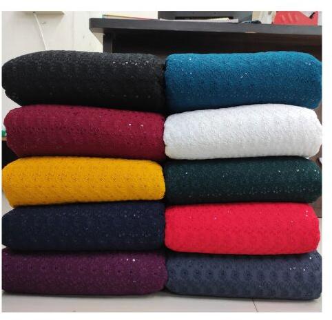 Rayon Sequence Schiffli Embroidery Fabric, For Lakhnavi Chikan Kurti, Kids Chikan Garment, Technics : Embroidered