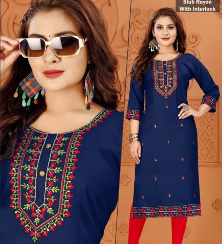 Blue Rayon Slub Straight Kurti, Size : XL, XXL