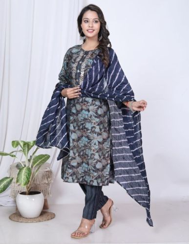 Ladies Blue Printed Straight Kurti Set, Technics : Machine Made