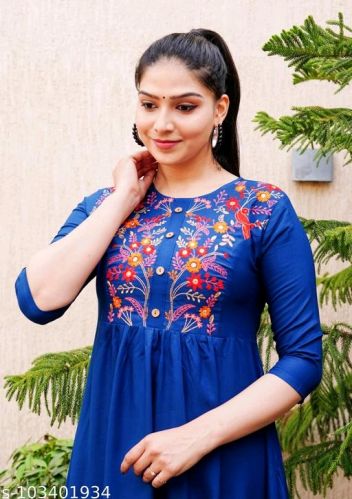 Ladies Blue Rayon Frock Style Kurti, Size : All Sizes
