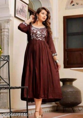 Ladies Brown Rayon Frock Style Kurti, Size : All Sizes