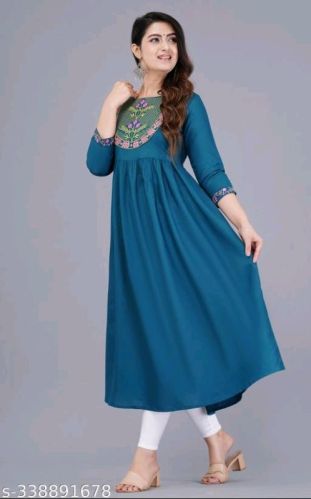 Ladies Firozi Rayon Frock Style Kurti, Size : All Sizes