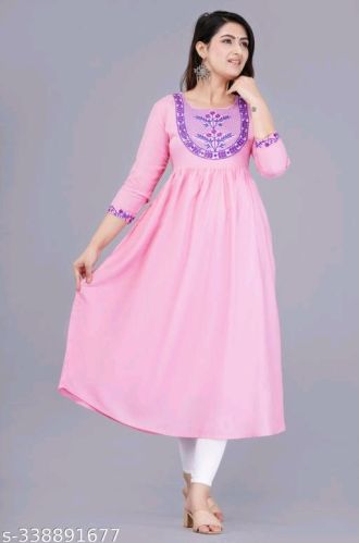 Ladies Pink Rayon Frock Style Kurti, Size : All Sizes
