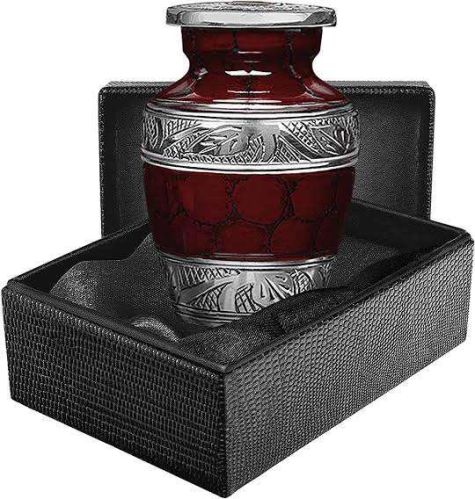 Maroon Round Polished RA-T1220 Aluminium Token Urn, For Cremation, Size : 5x5x7.7 Cm