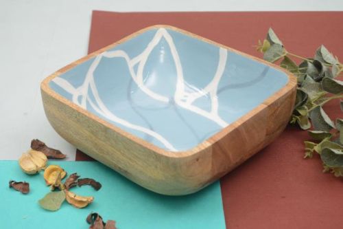 White Blue Square Printed Aquastic Wooden Bowl, For Serving Food, Size : 20x20x8cm