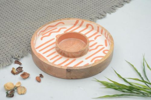 White Peach Round Nutty Crush Wooden Chip Dip Platter, For Serving Food, Size : 25x25x4cm